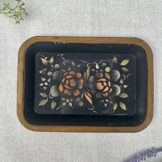 Black Toleware-Style Floral Tray |Vintage Painted Metal Catchall Dish