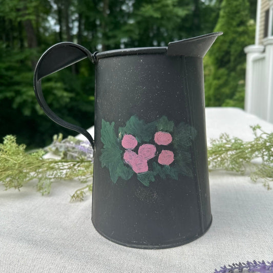 Black Toleware-Style Floral Pitcher with Hand-Painted Roses