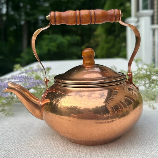 Vintage Tea Kettle with Wood Handle | Midcentury Lined Kettle